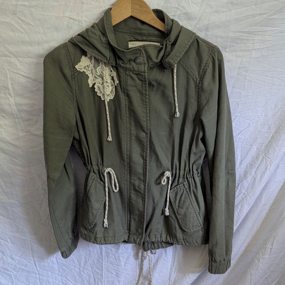 Daughters of the Liberation Hooded Utility Jacket Green Lace Detail Sz S Boho